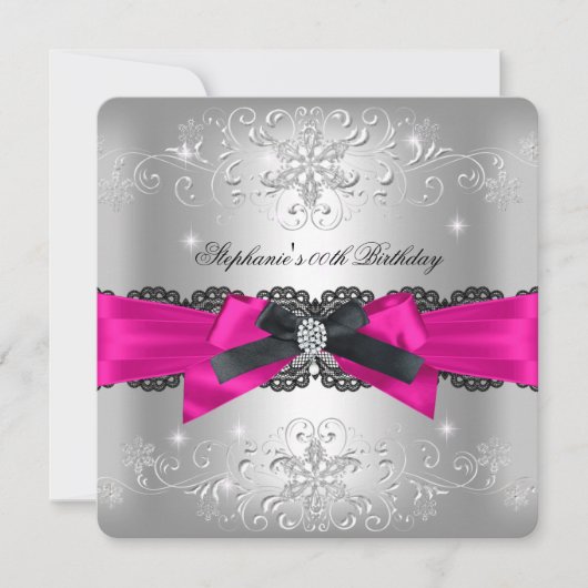 Birthday Hot Pink Black Bow Glitter Silver Kaart (Voorkant)