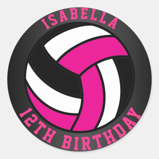 Birthday Hot Pink, Black en White Volleyball Ronde Sticker (Voorkant)