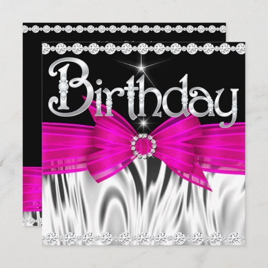 Birthday Hot Pink Bow Black Silver Party Kaart (Voorkant / Achterkant)