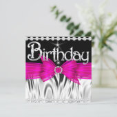 Birthday Hot Pink Bow Black Silver Party Kaart (Staand voorkant)