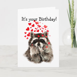 Birthday Humor Cute Raccoon Love Hearts Kaart