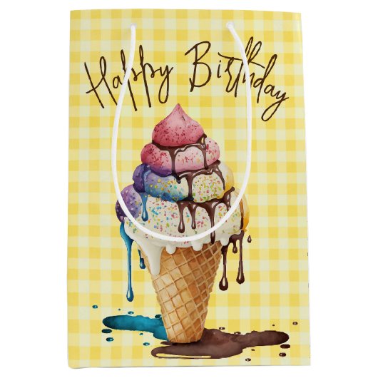 Birthday Ice Cream Cone on Gingham Medium Cadeauzakje (Voorkant)