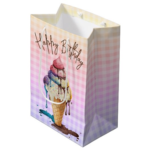 Birthday Ice Cream Cone Rainbow Gingham Medium Cadeauzakje (Voorkant Gekanteld)