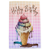 Birthday Ice Cream Cone Rainbow Gingham Medium Cadeauzakje (Voorkant)