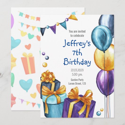 Birthday inval met ballon en cadeauuitnodiging kaart (Voorkant / Achterkant)