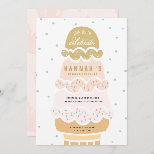 BIRTHDAY-INVITATIE - ICE CREAM CONE SCOOPS KAART (Voorkant / Achterkant)