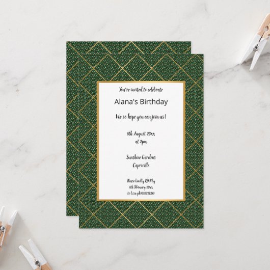 BIRTHDAY-INVITATIE VAN LUXE EMERALD DIERAFDRUKTE KAART (Voorkant / Achterkant in situ)