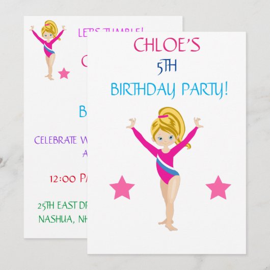 BIRTHDAY-INVITATIES "LET'S TUMBLE GYMNASTICS" KAART (Voorkant / Achterkant)