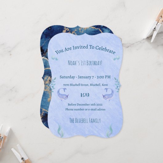 Birthday Invitation (12,7 x 17,8 cm) - Ocean Theme Kaart (Voorkant / Achterkant in situ)