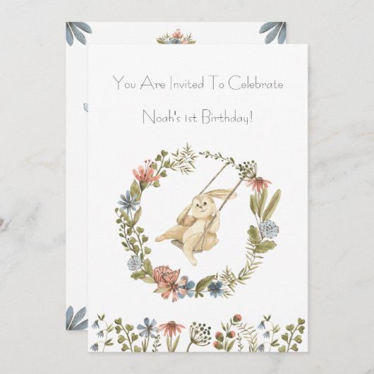 Birthday Invitation (12,7 x 17,8 cm) - Rabbit Kaart (Voorkant / Achterkant)