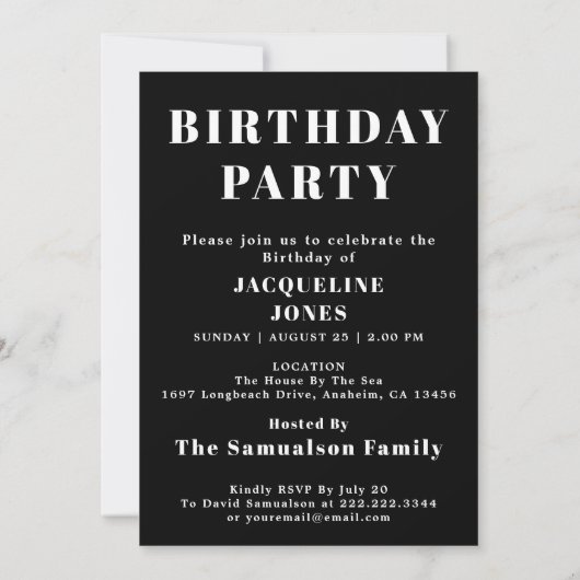 Birthday Invitation Black and White Kaart (Achterkant)