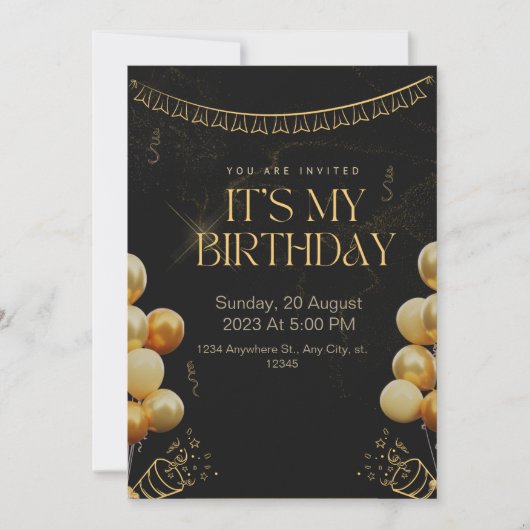 Birthday Invitation Black en Gold Kaart (Voorkant)