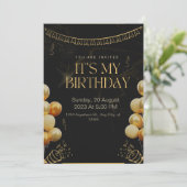 Birthday Invitation Black en Gold Kaart (Staand voorkant)