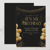 Birthday Invitation Black en Gold Kaart (Voorkant / Achterkant)