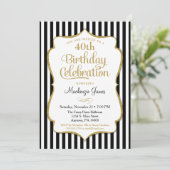 Birthday Invitation Black Gold Elegant Stripe Kaart (Staand voorkant)