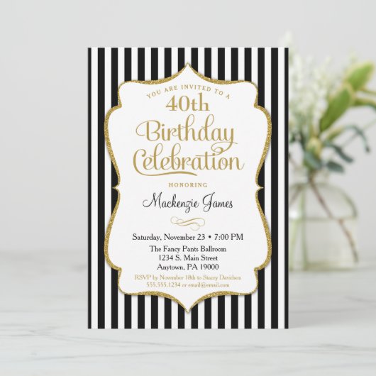 Birthday Invitation Black Gold Elegant Stripe Kaart (Staand voorkant)