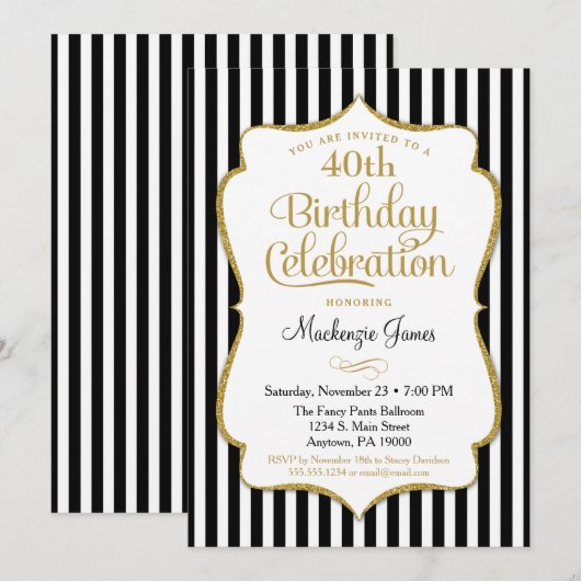 Birthday Invitation Black Gold Elegant Stripe Kaart (Voorkant / Achterkant)