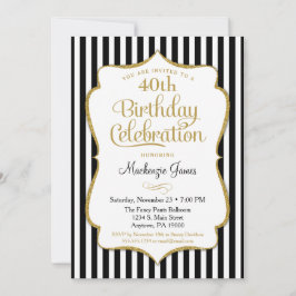 Birthday Invitation Black Gold Elegant Stripe Kaart