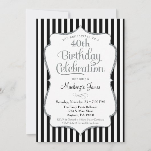 Birthday Invitation Black Silver Adult Kaart (Voorkant)
