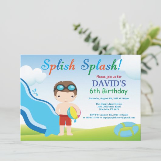 Birthday Invitation Boy Water Slide Pool Kaart (Staand voorkant)