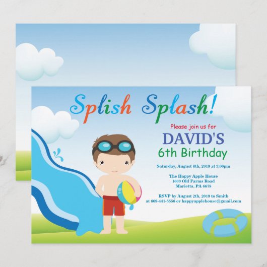 Birthday Invitation Boy Water Slide Pool Kaart (Voorkant / Achterkant)