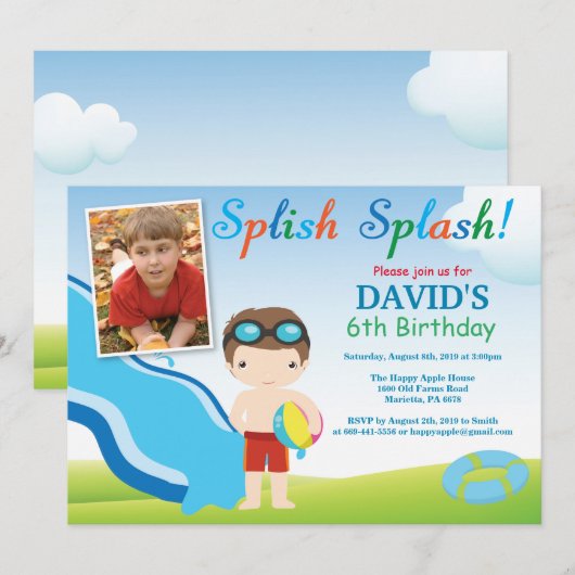 Birthday Invitation Boy Water Slide Pool Kaart (Voorkant / Achterkant)
