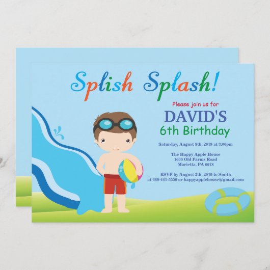 Birthday Invitation Boy Water Slide Pool Kaart (Voorkant / Achterkant)