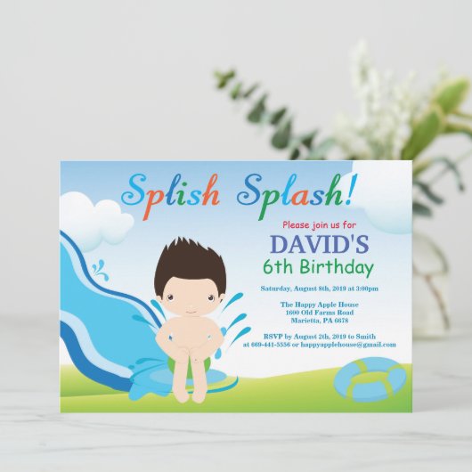 Birthday Invitation Boy Water Slide Pool Kaart (Staand voorkant)