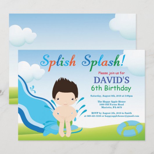 Birthday Invitation Boy Water Slide Pool Kaart (Voorkant / Achterkant)