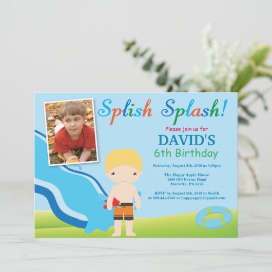 Birthday Invitation Boy Water Slide Pool Kaart (Staand voorkant)