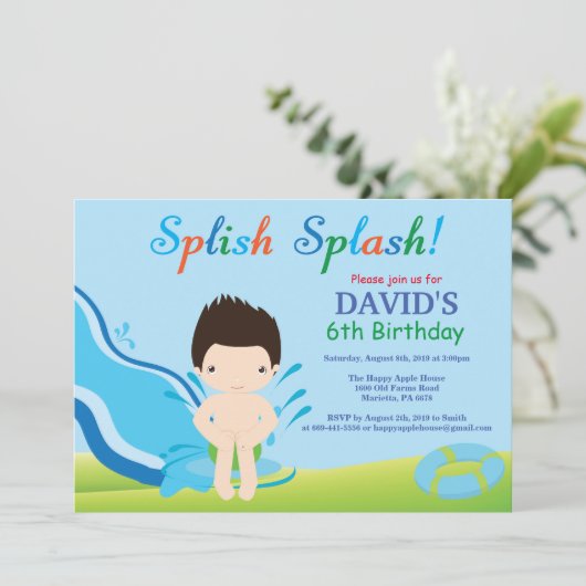 Birthday Invitation Boy Water Slide Pool Kaart (Staand voorkant)