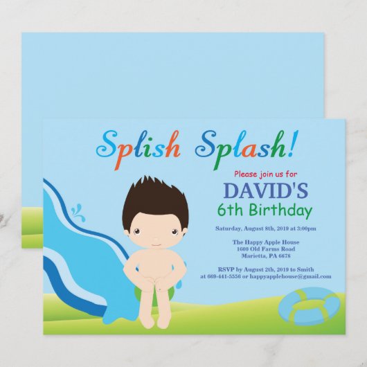 Birthday Invitation Boy Water Slide Pool Kaart (Voorkant / Achterkant)