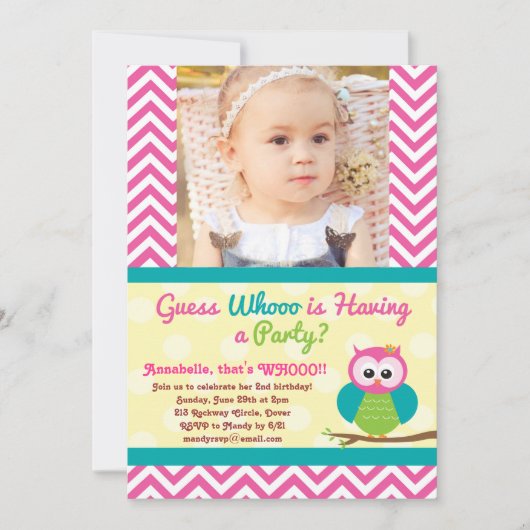 Birthday Invitation Bright Chevron Owl (foto) Kaart (Voorkant)