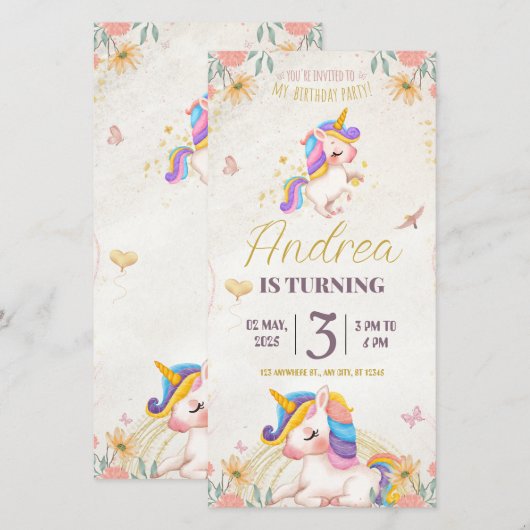 Birthday invitation card. Unicorn for Girls (Voorkant / Achterkant)