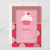 Birthday Invitation Cute Cherry Cupcake Pink Brown Kaart (Voorkant)