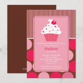 Birthday Invitation Cute Cherry Cupcake Pink Brown Kaart (Voorkant / Achterkant)
