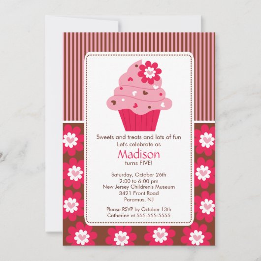 Birthday Invitation Cute Flower Cupcake Pink Brown Kaart (Voorkant)