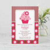 Birthday Invitation Cute Flower Cupcake Pink Brown Kaart (Staand voorkant)