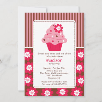 Birthday Invitation Cute Flower Cupcake Pink Brown Kaart