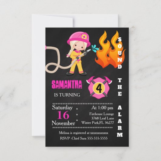 Birthday Invitation Cute Pink Firefighter Kaart (Voorkant)