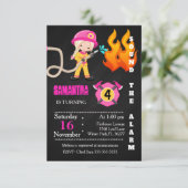Birthday Invitation Cute Pink Firefighter Kaart (Staand voorkant)