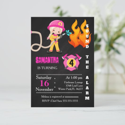 Birthday Invitation Cute Pink Firefighter Kaart (Staand voorkant)