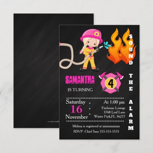 Birthday Invitation Cute Pink Firefighter Kaart (Voorkant / Achterkant)