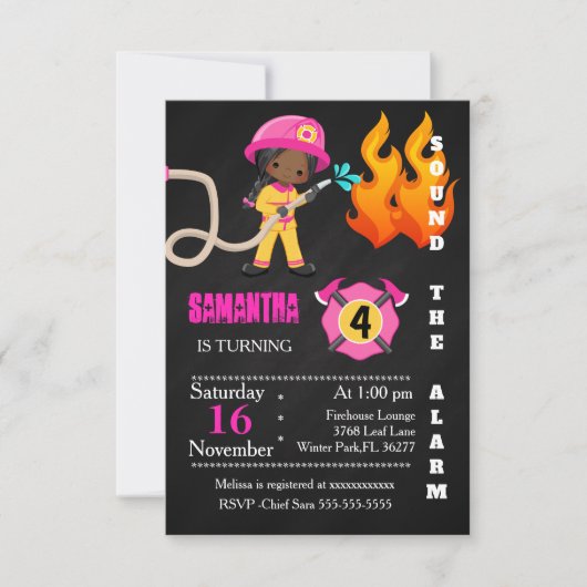Birthday Invitation Cute Pink Firefighter Kaart (Voorkant)