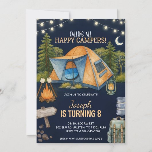 Birthday invitation featuring a camping theme kaart (Voorkant)