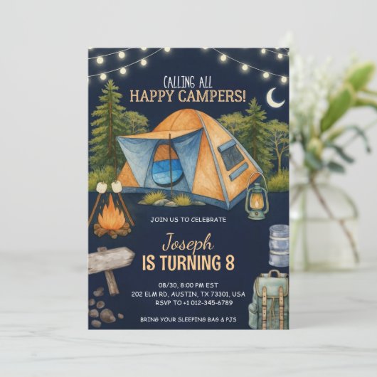 Birthday invitation featuring a camping theme kaart (Staand voorkant)