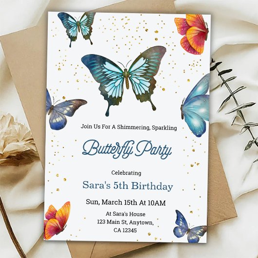 Birthday invitation featuring colorful butterflies kaart
