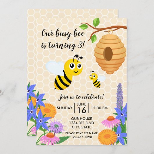 Birthday Invitation Honey Bee Kaart (Voorkant / Achterkant)