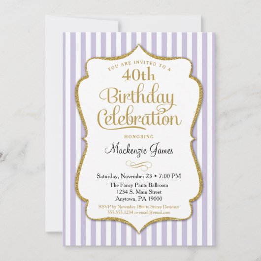Birthday Invitation Lavender Lila Gold Adult Teen Kaart (Voorkant)