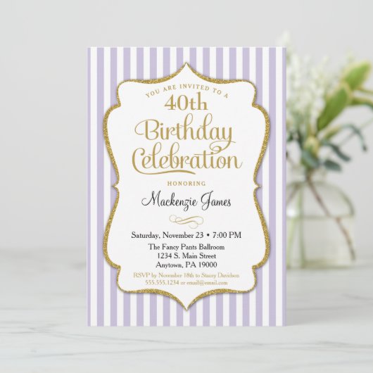 Birthday Invitation Lavender Lila Gold Adult Teen Kaart (Staand voorkant)
